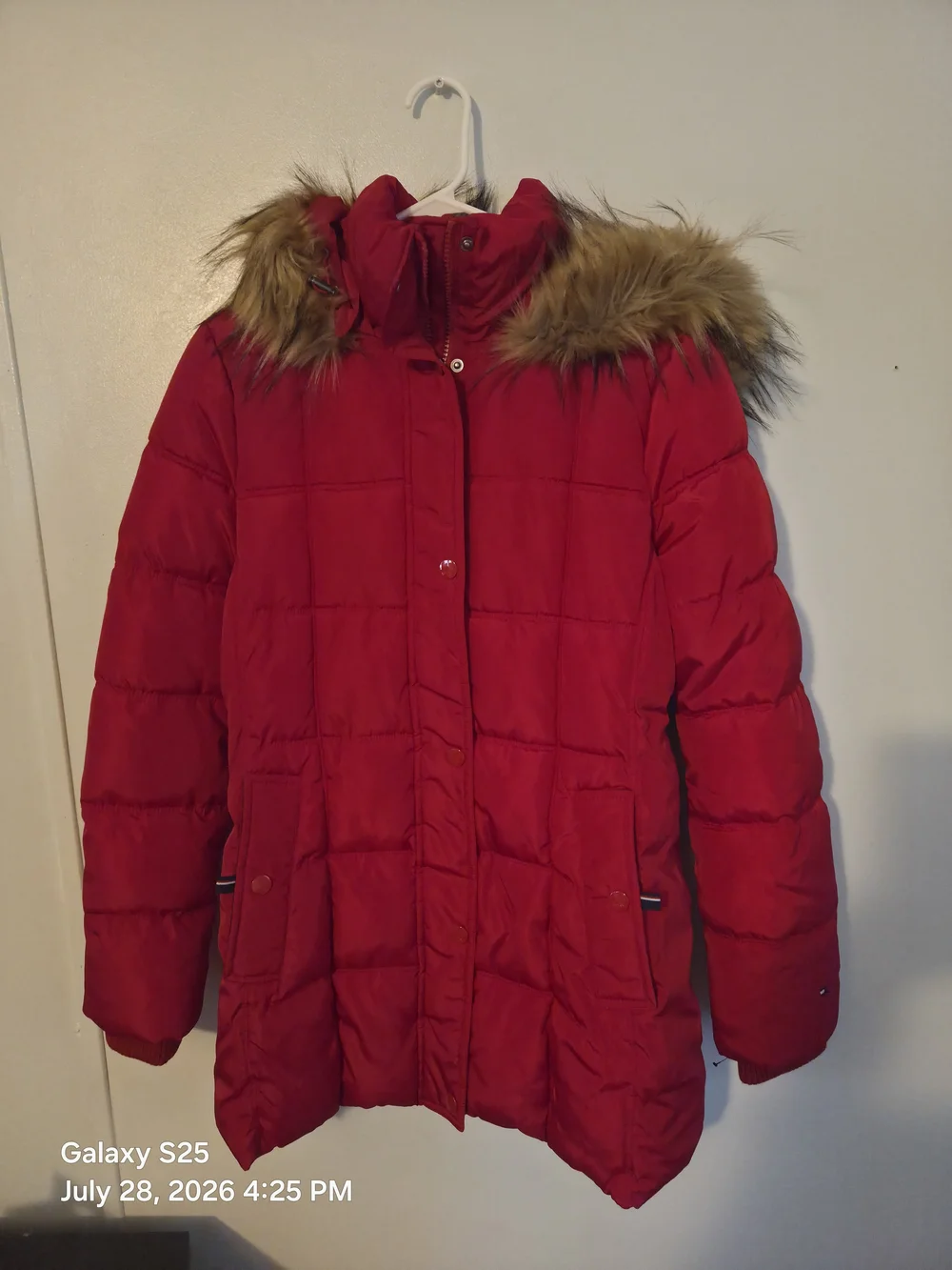 Tommy Hilfiger Red Quilted Puffer Jacket with Faux-Fur Trimmed Hood